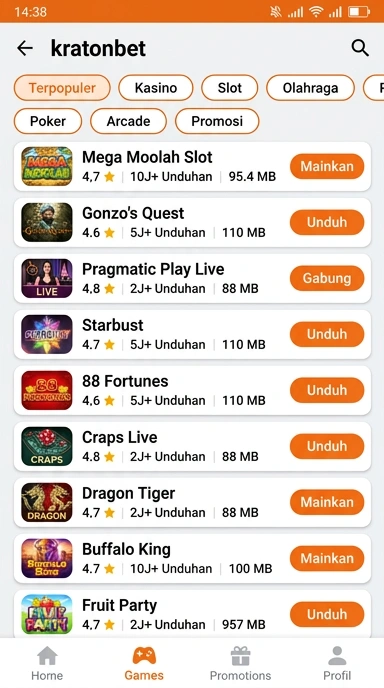 Tampilan katalog aplikasi kratonbet
